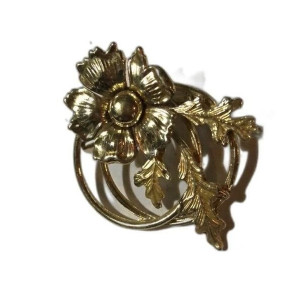 Vintage Gold-Tone Floral Pin‎ Brooch With Leaf & Flower Design